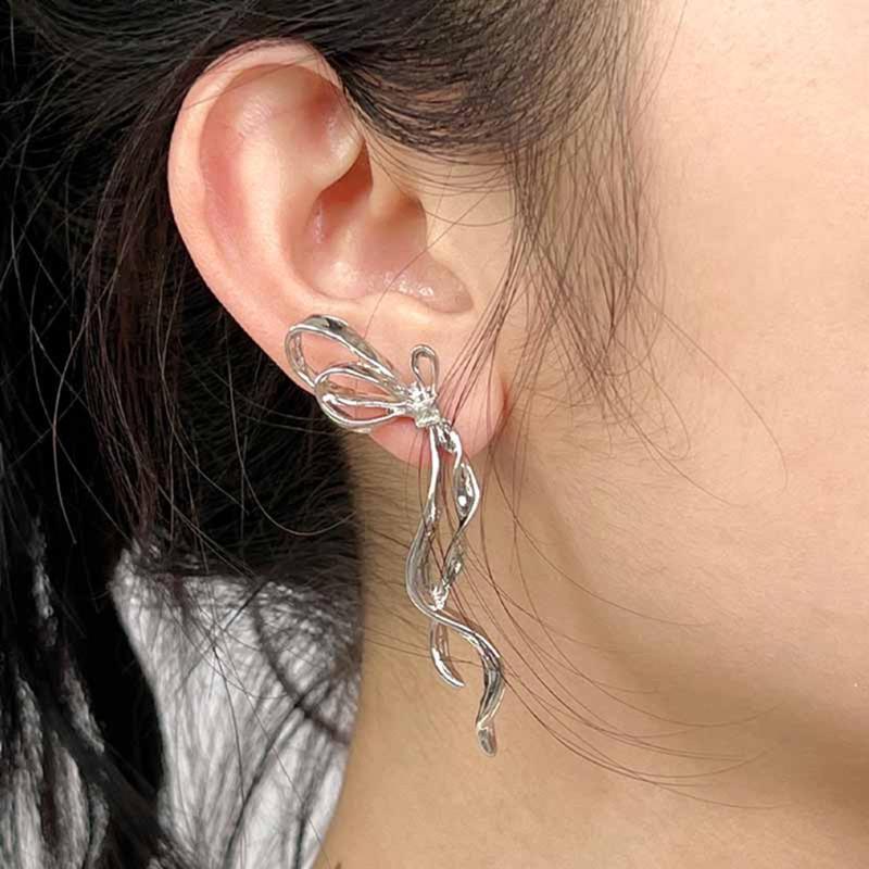 Korean-Style Creative Ribbon Bow Liquid Silver Earrings for Women