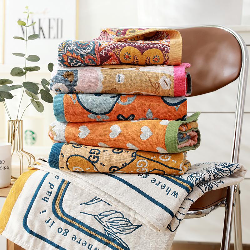 80 X 160cm Pure Cotton Gauze Bath Towel Woven Cartoon Bath Towel Summer Home Bathroom Large Wrap Soft  Beach Towels