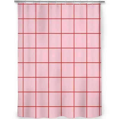 PO01 Design cu model în carouri roz și roșu Decor unic Material modern Perdele de duș pentru baie design artistic Perdea cu imprimeu…7&u #