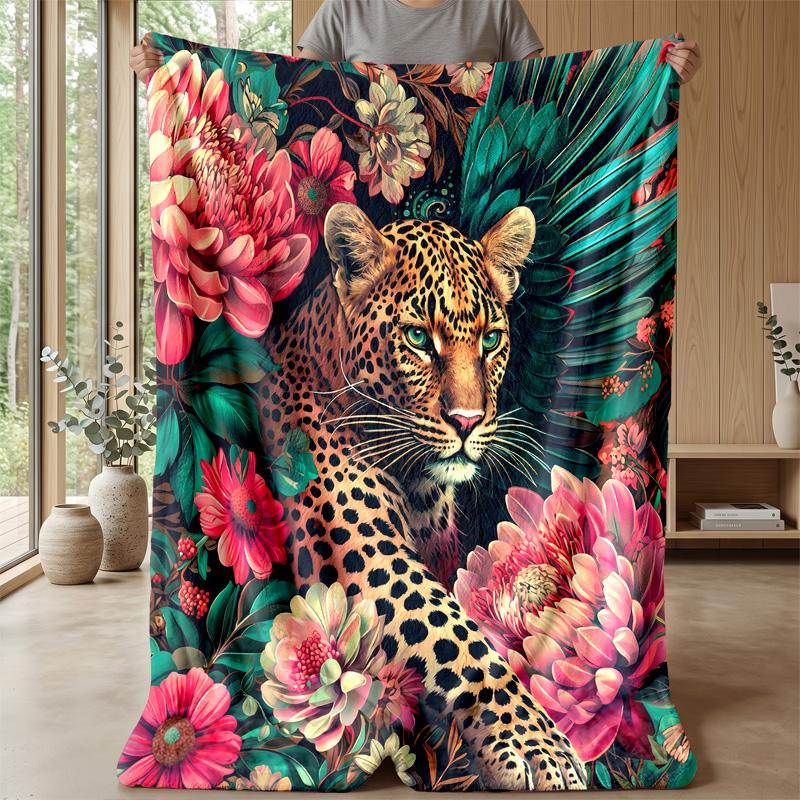 Leopard Roses and Bows Theme Blanket Lightweight Warm Flannel Blanket Decorative Throw Blanket for Home Decoration
