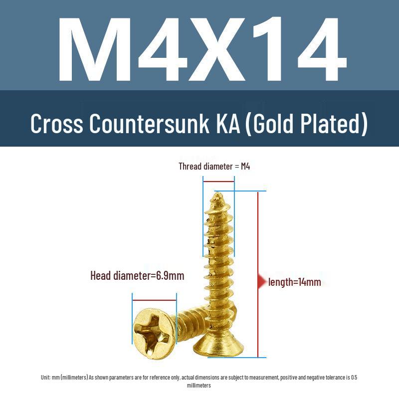 Yigu Gold-Plated Carbon Steel Self-Tapping Screws: Countersunk Head, Flat Head, Pointed Tail, Sizes M2-M4, Ideal for Electronics.