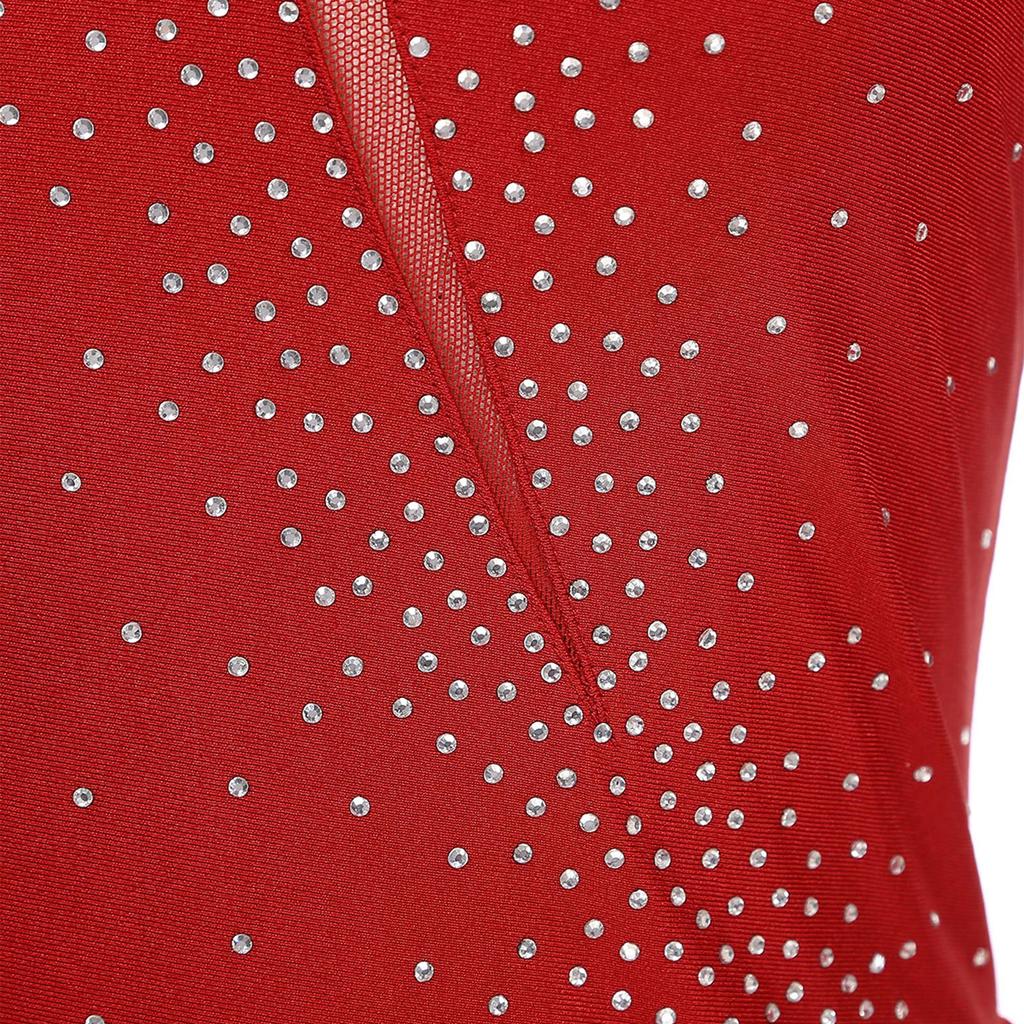 Damen Schlittschuhlauf Outfit Tanzwettbewerb Kostüm Glitzer Strass Netz Langarm Unregelmäßiger Saum Kleid