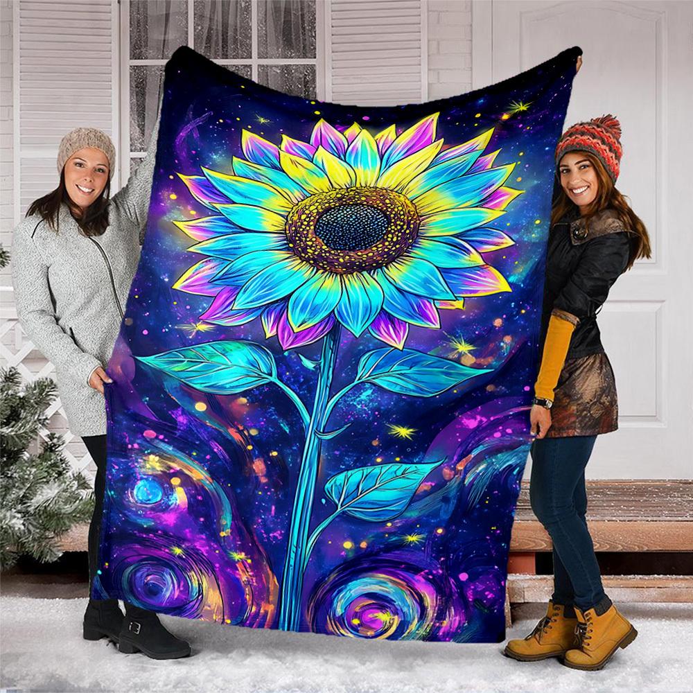 1pc Neon Sunflower Print Throw Blanket Polyester Fiber, Lightweight Flannel, Soft & Warm, All Season Use for Outdoor, Camping Digital Print