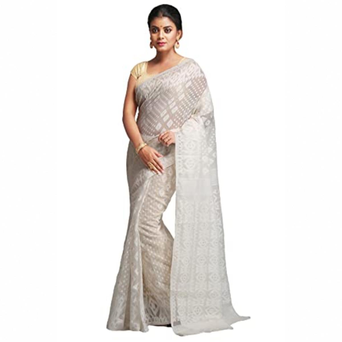 BENGAL HANDLOOM Exclusive Womens Cotton Silk Dhakai Allover Soft Jamdani Saree (White & White) FS