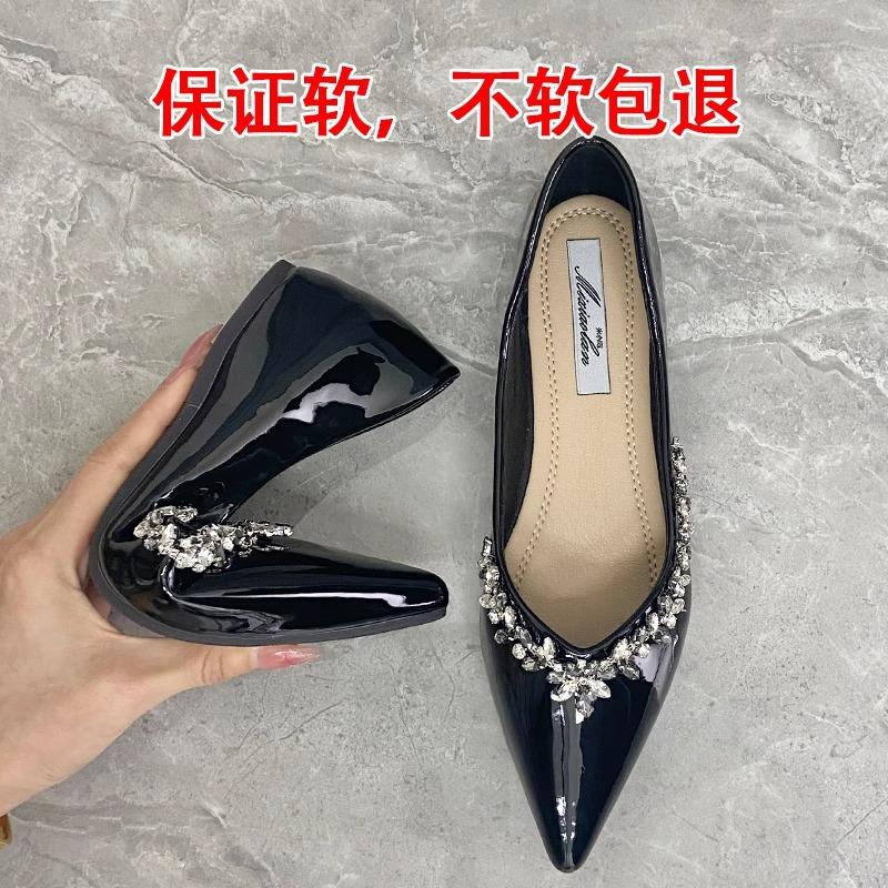French temperament pointed patent leather rhinestone single shoes women's summer flat-soled shoes inner height increase gentle shallow mouth soft sole