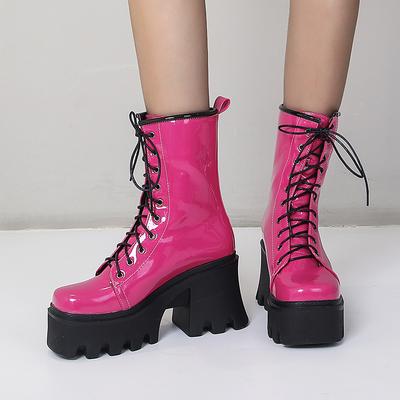 2025 New Bright Patent Leather Street Fashion Style Boots With Cross Straps Super Thick And High Rose Red Mid-Calf Boots