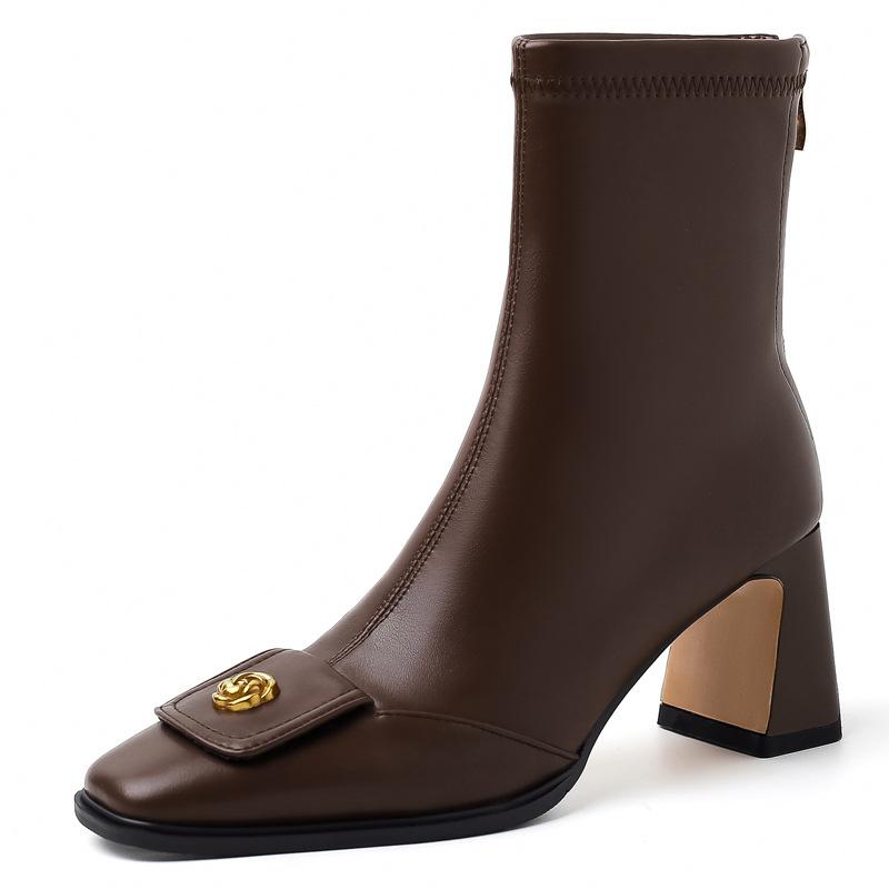 French Heeled Booties Vintage Square Toe Camellia Skinny Boots Women's Single Boots