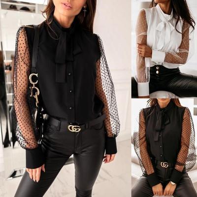 Mode voor herfst/winter 2024: mesh patchwork overhemd met knoopsluiting en strik