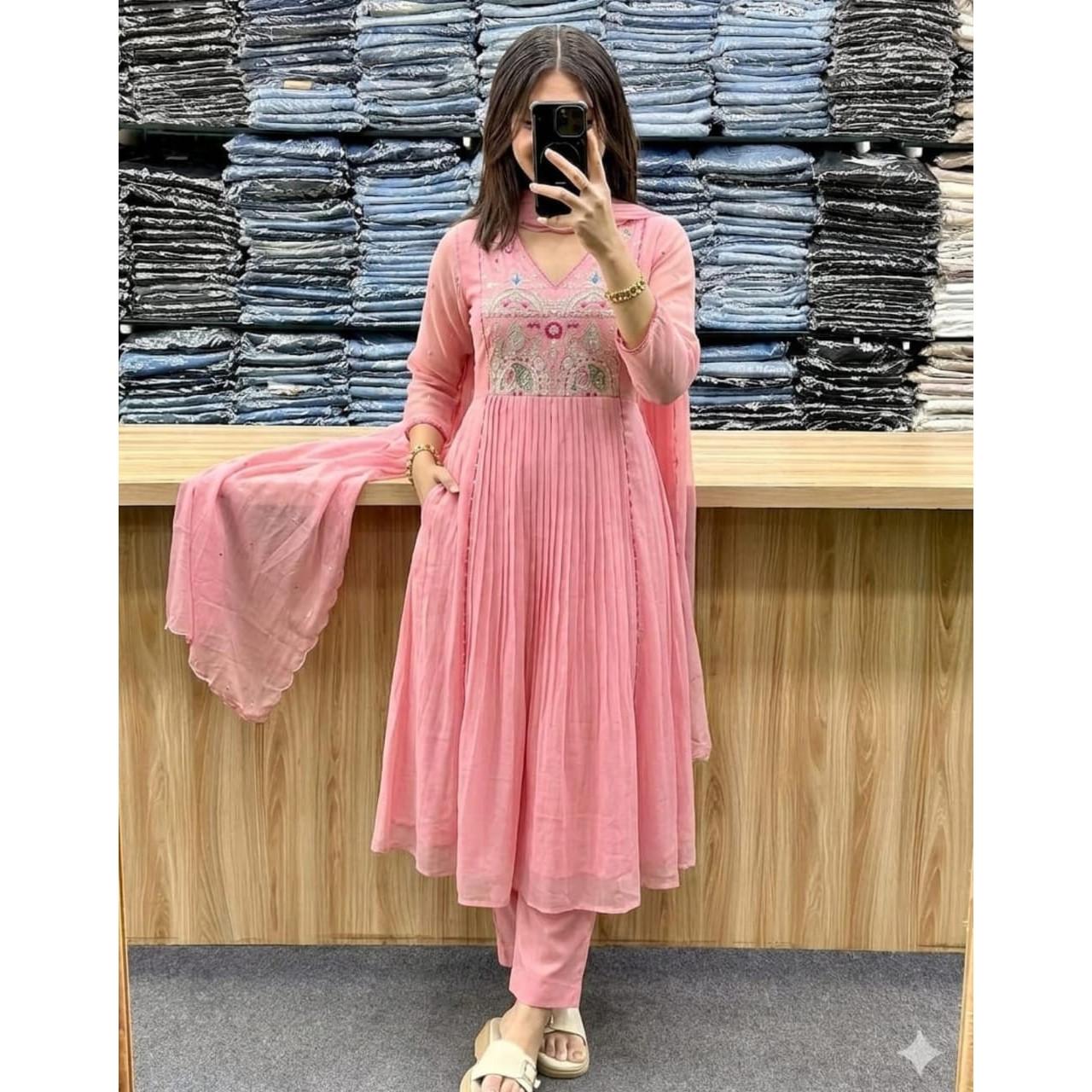 Beautiful Cotton Anarkali Kurti Pant Dupatta Pakistani Party Wear Salwar Kameez M-38 розовый