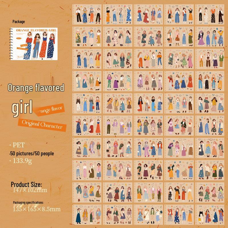 Orange-flavored Ketchup Girl Coil PET Sticker Book: 50 Girl Series Character Stickers