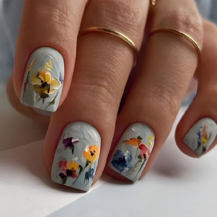 24 Stück Kurze quadratische Aufklebenägel 3D-Blumen Vollabdeckung Falsche Nägel Frühling Press-On Nägel Maniküre Zubehör für Frauen