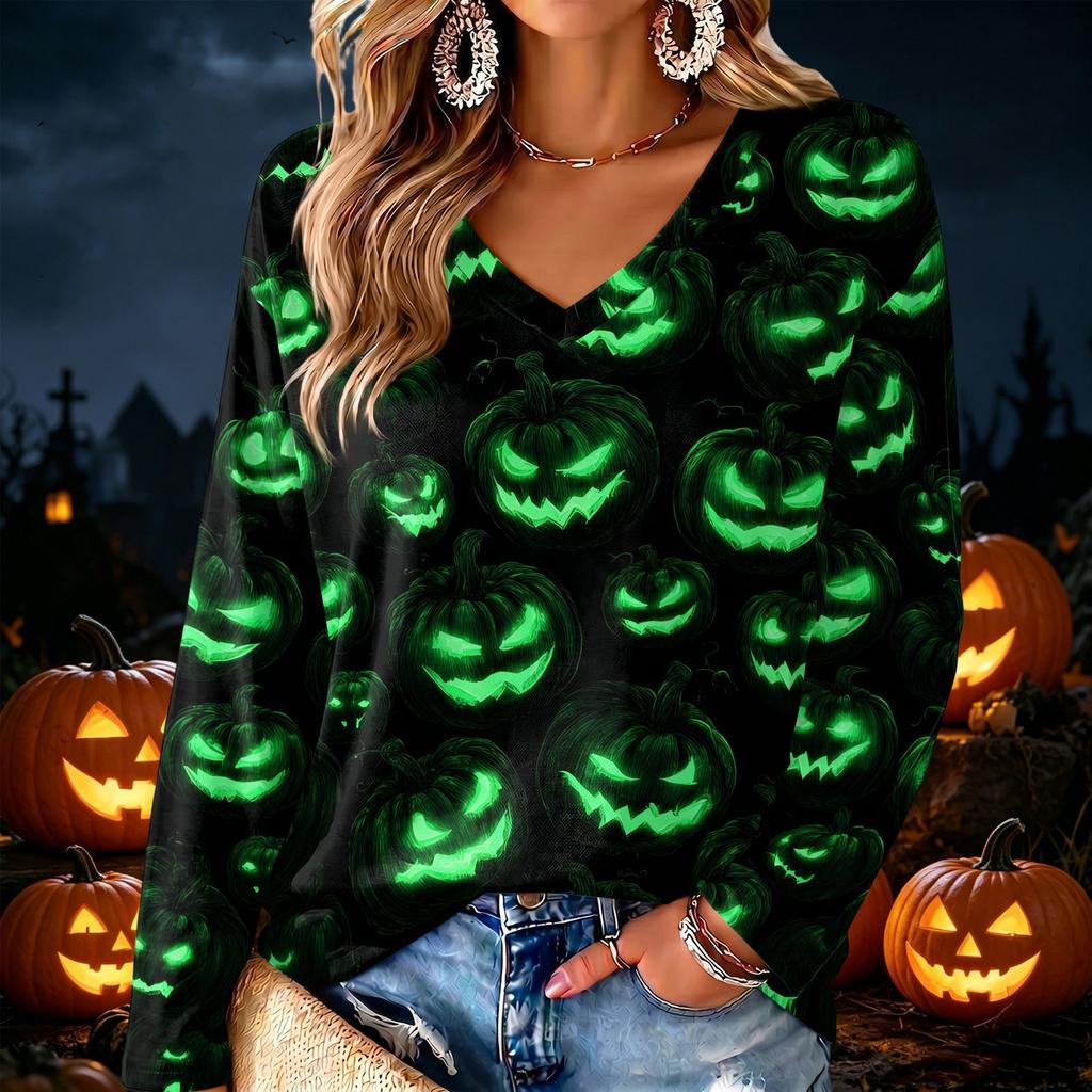 Women's V-Neck Long Sleeve Halloween Print Lightweight Blouse for Fall Parties and Everyday Wear