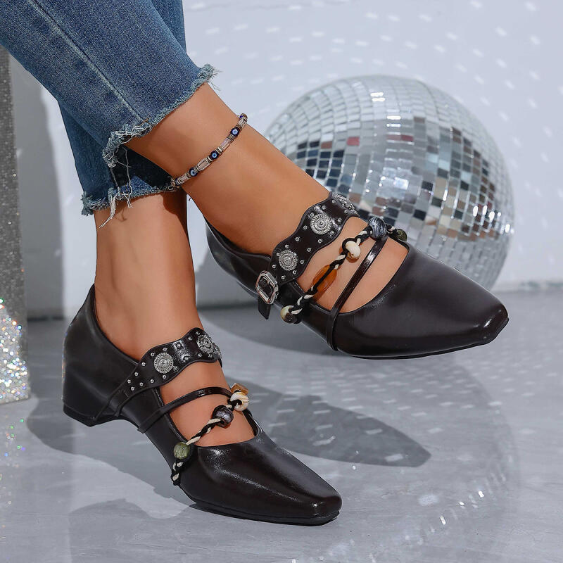 Vintage Metal Buckle Cross Strap Mary Jane Shoes Women  Spring Plastic Bead Medium Heel Loafers Woman's Bohemia Pumps Shoes