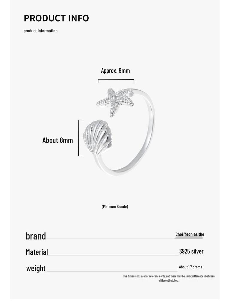 Cui Yan Jewelry S925 Silver Korean Starfish Seashell Women's Ring - Popular European & American Open Design