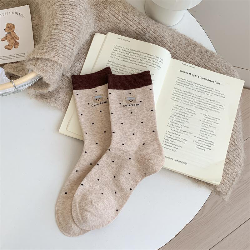 Female Spring and Autumn Polka Dot Striped Cartoon Bear Cloth Logo Collision Color Tube Pile Socks