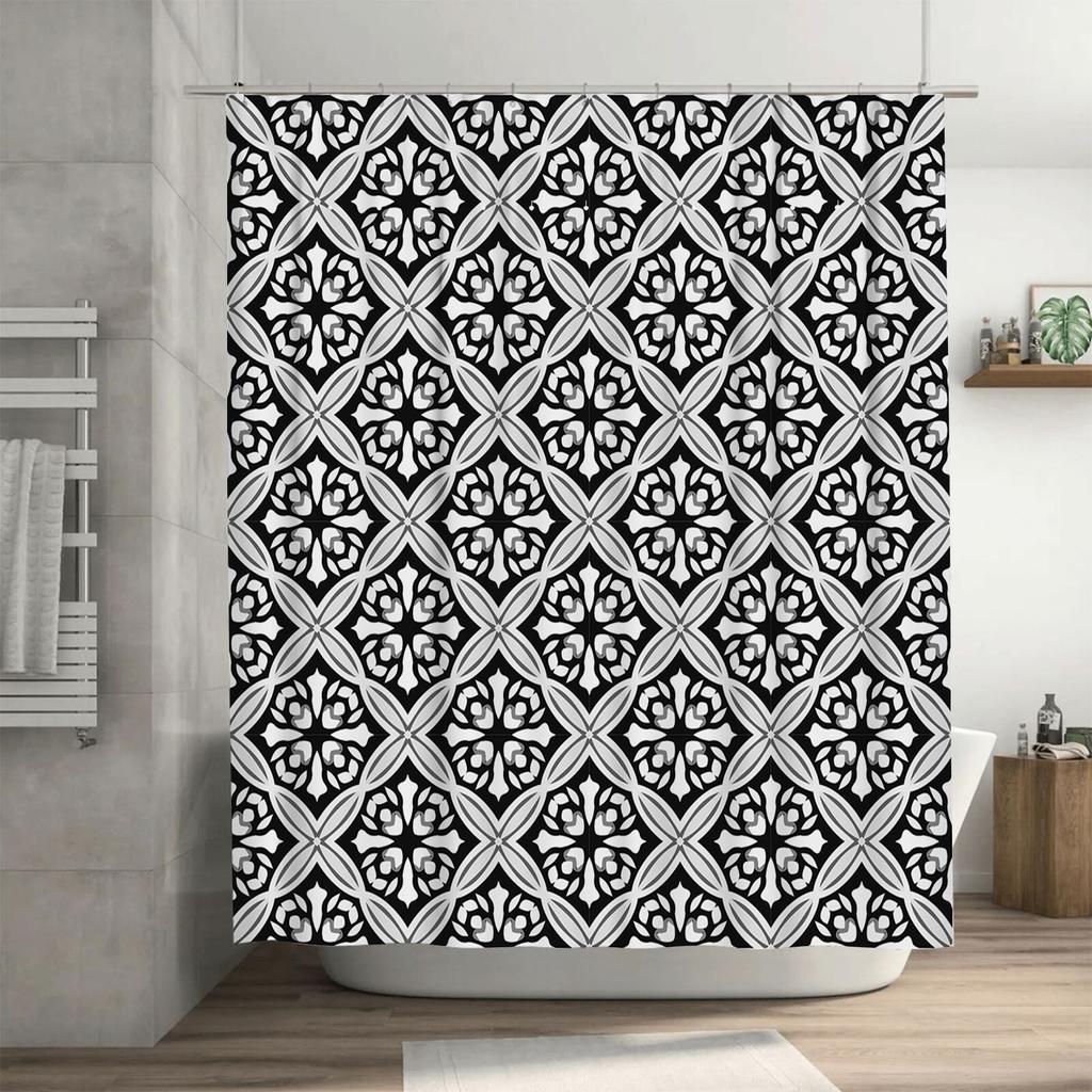 Schwarz-Weiß-Duschvorhang mit klassischem Muster für Badezimmerdekoration, Wasserdichter Duschvorhang-Einsatz, Ideales Geschenk (80x180cm)