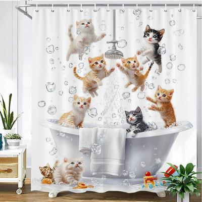 Lovely Bath Cat and Dog Pattern Shower Curtain Bath Curtain Cartoon Animals Print Bathroom Curtains for Home Decoration Curtain