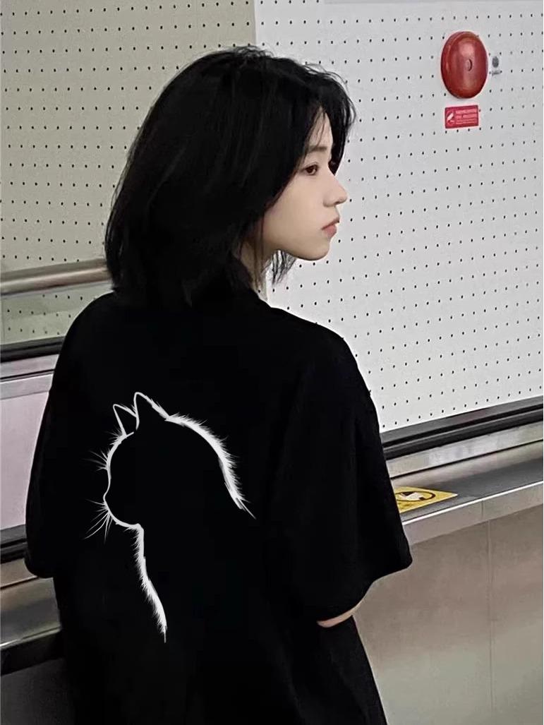 

Женская футболка из чистого хлопка с коротким рукавом - 2025 корейский прямой плечевой крой, свободный топ с полурукавом в американском стиле XXL чёрный