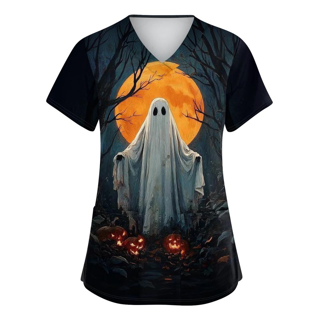Women V Neck Short Sleeve Work Shirt Side Slit Top with Pockets Halloween Print Casual Blouse for Daily Wear