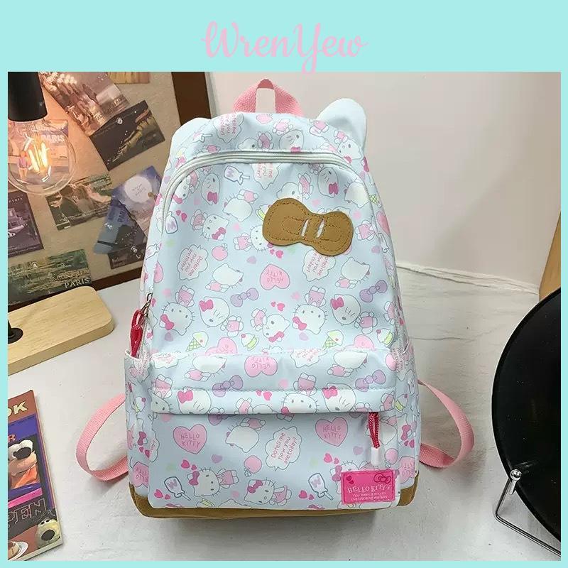Süßer Hello Kitty Cartoon Rucksack für die Schule Mit Nylon-Aufbewahrung und Herz-Details Für Teenager und Mädchen