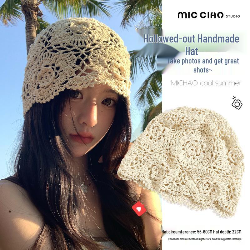 Women s 2025 Summer Lace Knit Slouchy Hat - Lightweight and Trendy One Size бежевый