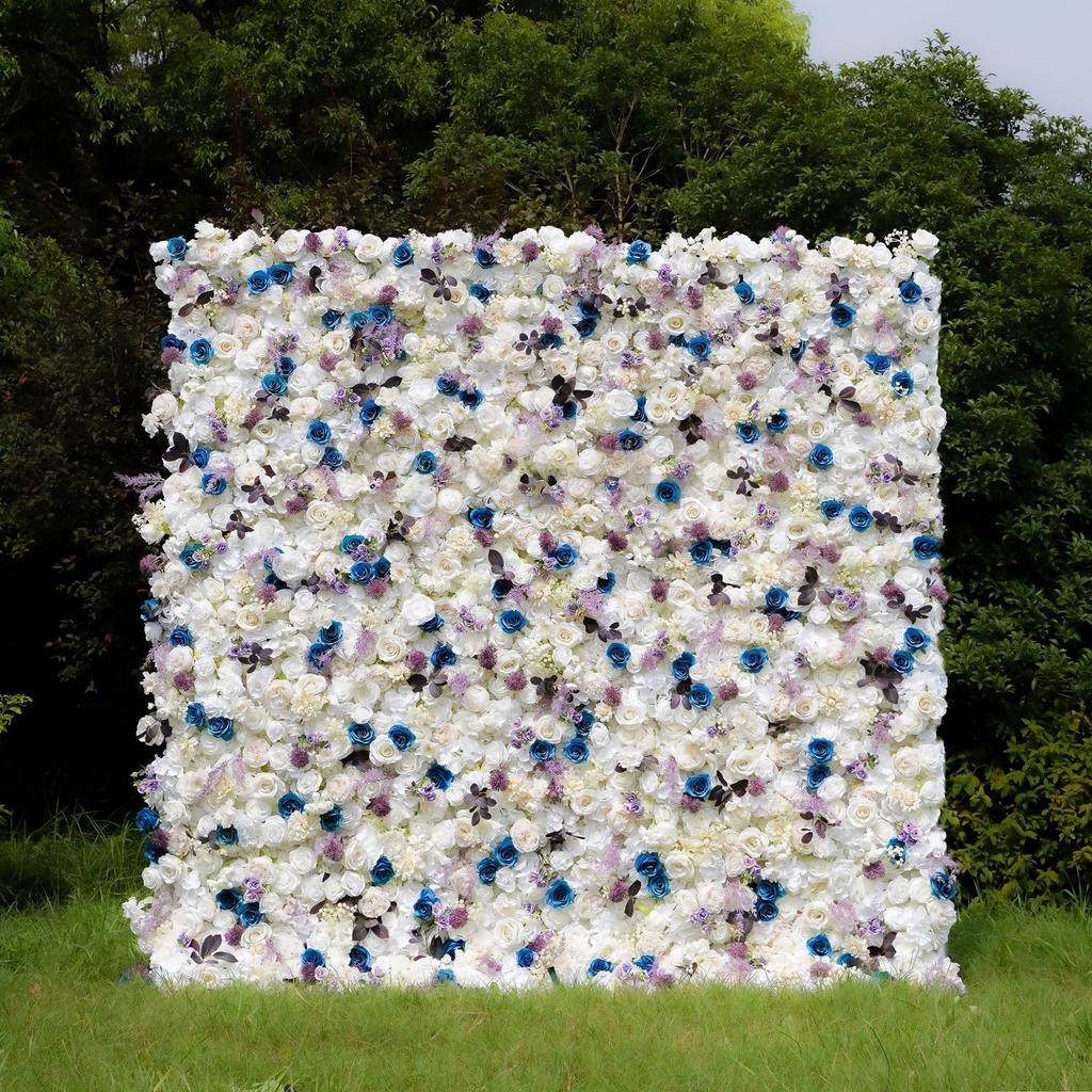 Uflower Artificial Flower Wall Roll-Up White & Purple Fabric Floral Backdrop for Wedding Event Party Decorations Curtain