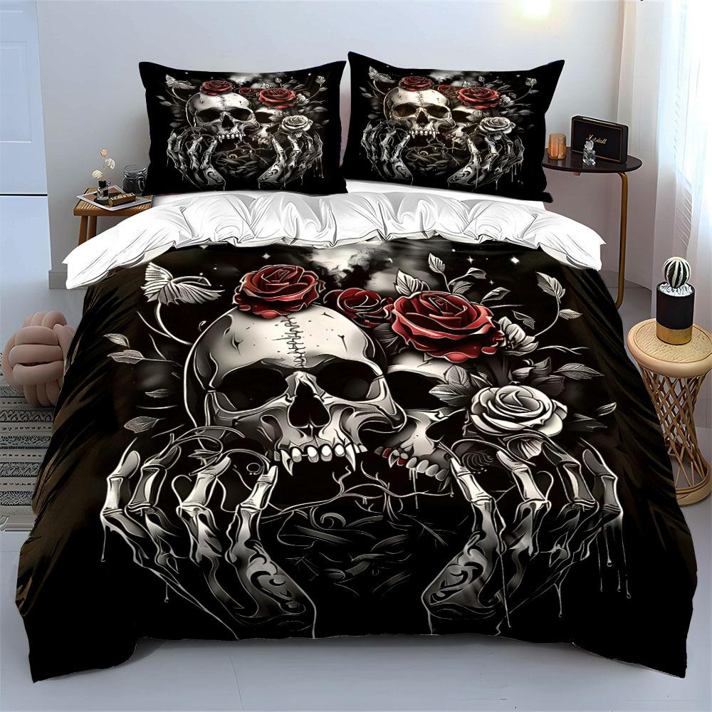 "Skulls with Roses Tattoo Art" Bedding Duvet Cover Set (1*Duvet Cover 2*Pillowcases, Without Duvet Insert)