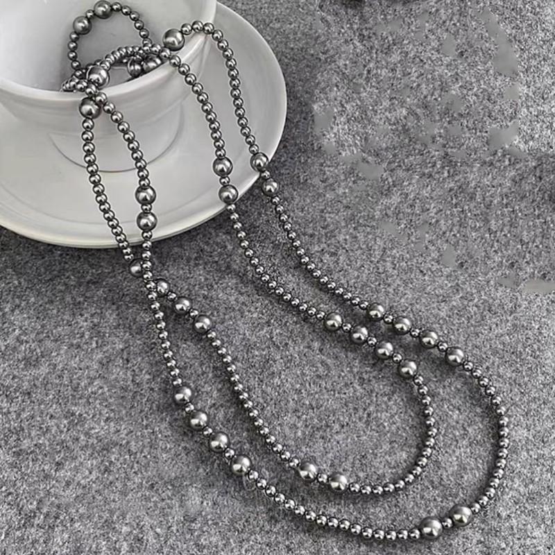 Długi, wielowarstwowy naszyjnik z szarych pereł w stylu retro, damski, lekki i luksusowy, z łańcuszkiem na obojczyk i łańcuszkiem na szyję
