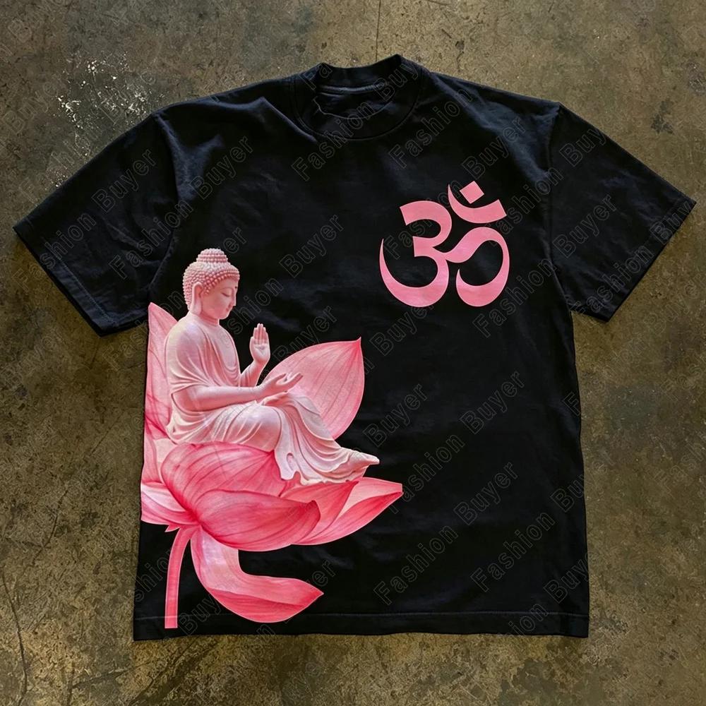 2026 Buddha Says Relax Print Tshirt Tops Unisex Shortsleeved Retro Hip Hop Harajuku Street Y2k Casual Fashion Tops Clothing