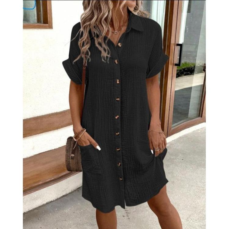 Loose Casual Midi Dress Women Solid Color Single Breasted Short Sleeve