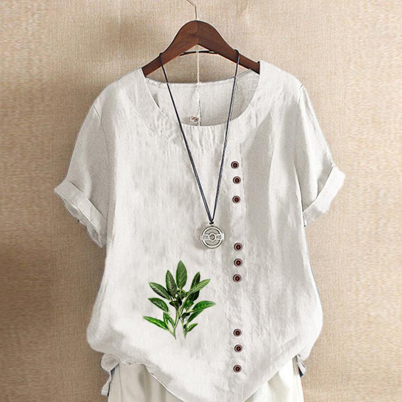 Women's Fashion Green Leaf Prined Round Neck Short Sleeve T-shirt Casual Cotton Linen Graphic Shirt Leisure Loose Summer Blouse Tops