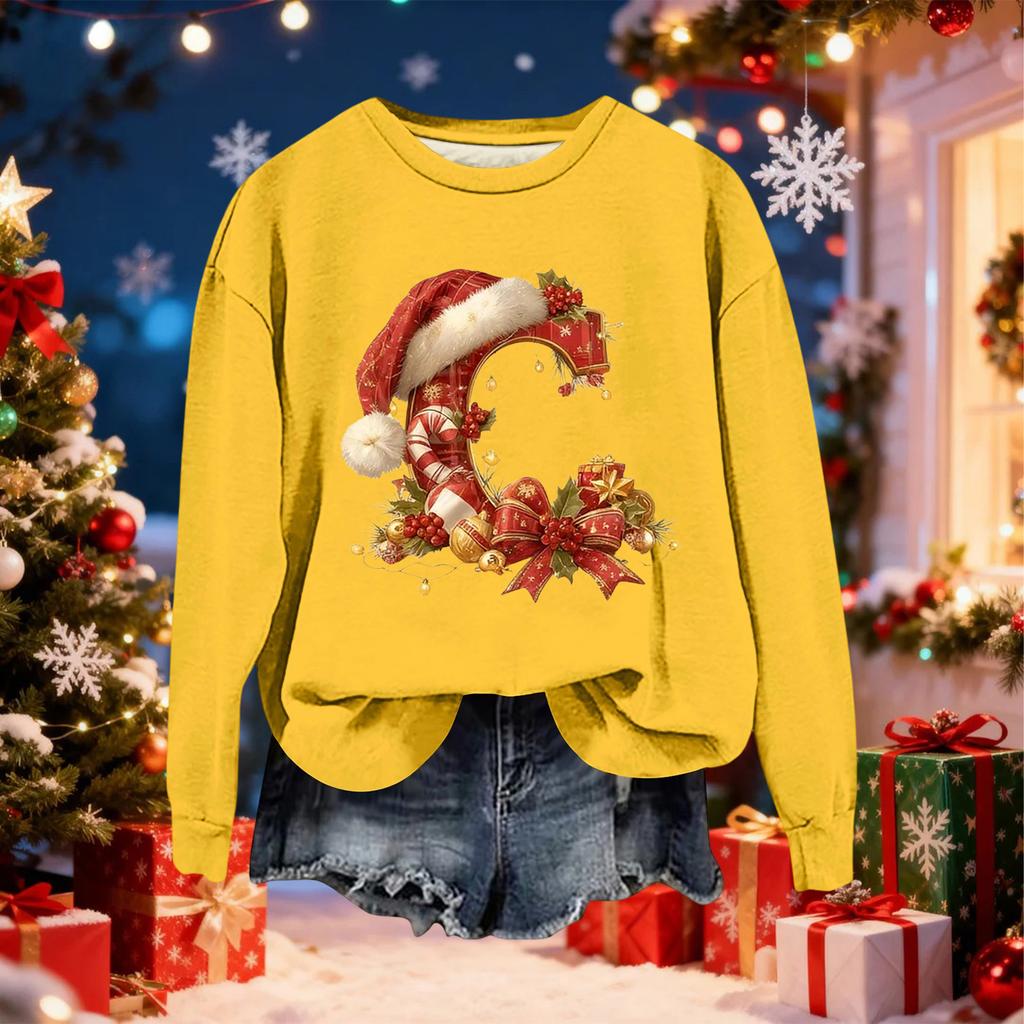 Women's Fashionable Casual Long-Sleeved Christmas Letter Print Crew-Neck Sweatshirt