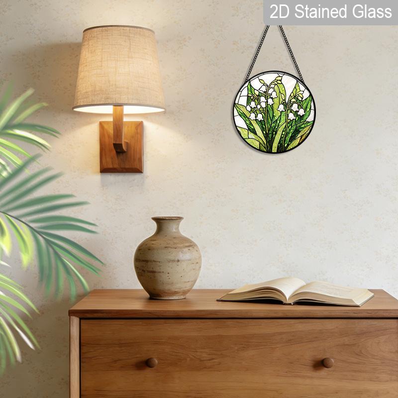 2D Flat Stained Glass Flower Window Decoration Colored Glass Plate, 7.87inches Hanging Ornament with Chain, Charming Spring Summer Sun Catcher Home