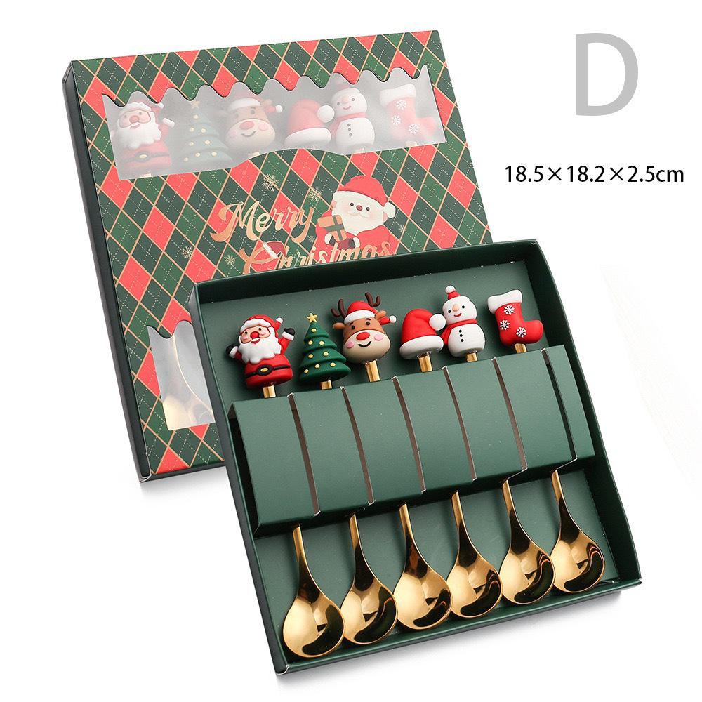 6pcs Christmas Coffee Spoons Forks Set Stainless Steel Santa Claus Dessert Spoon Forks Christmas Gifts for Kids Gift Box Set