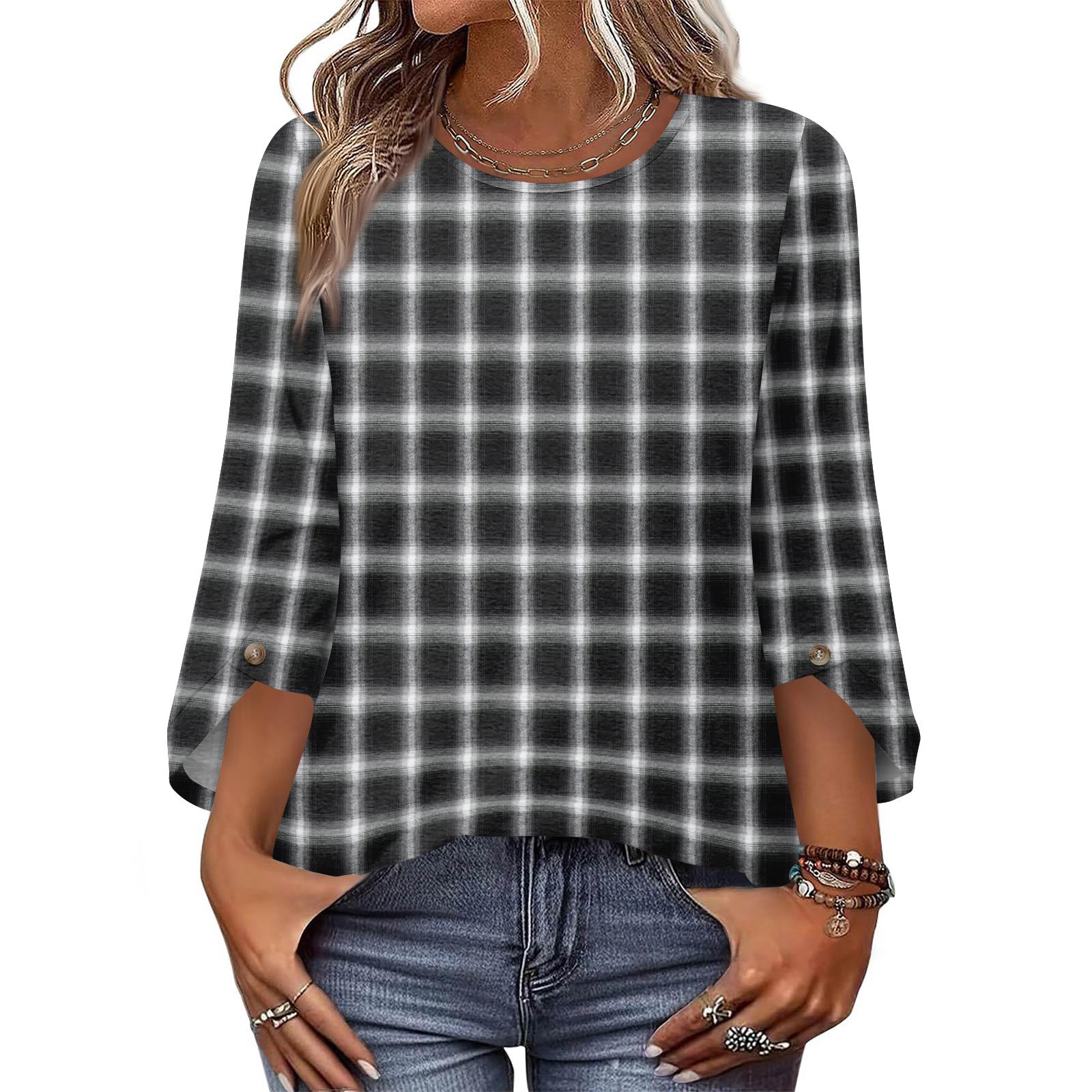 Plaid Pattern Womens Short Sleeve Blouses Lightweight Material Casual Womens Short Sleeve Shirts Loose Fit Women Short Sleeve Tops XXL чёрный