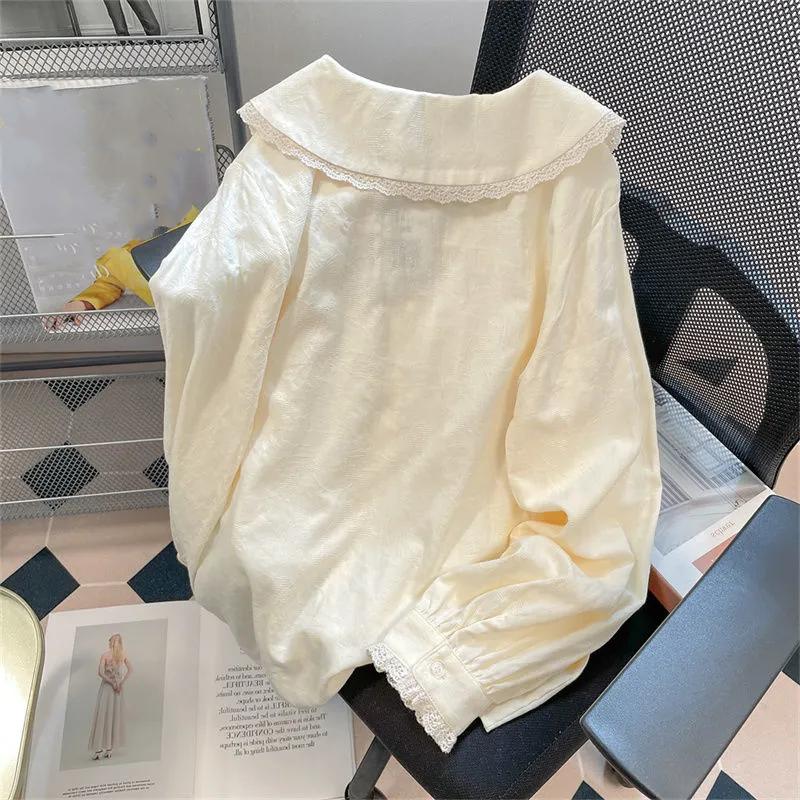 Donna Primavera Manica Lunga Dolce Camicia di Pizzo Autunno Larga Casual Blusa