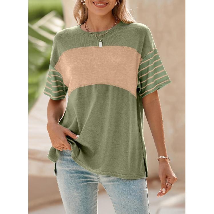 2026 Women s Spring/Summer New Pullover Round Neck Casual Striped Contrast Color Short Sleeve T-Shirt for Women S