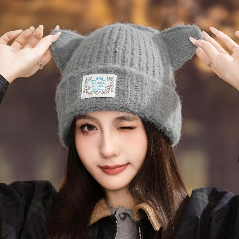 Fashion Warm Cat Ears Wool Hat Women's Autumn and Winter Thickened Windproof Pullover Hat Casual Ear Hat