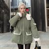 Lamb Wool Cotton Jacket For Women 2024 Winter Contrast Hooded Casual Parkas Coats 2 Pocket Thicken Warm Jacket Women's Clothing
