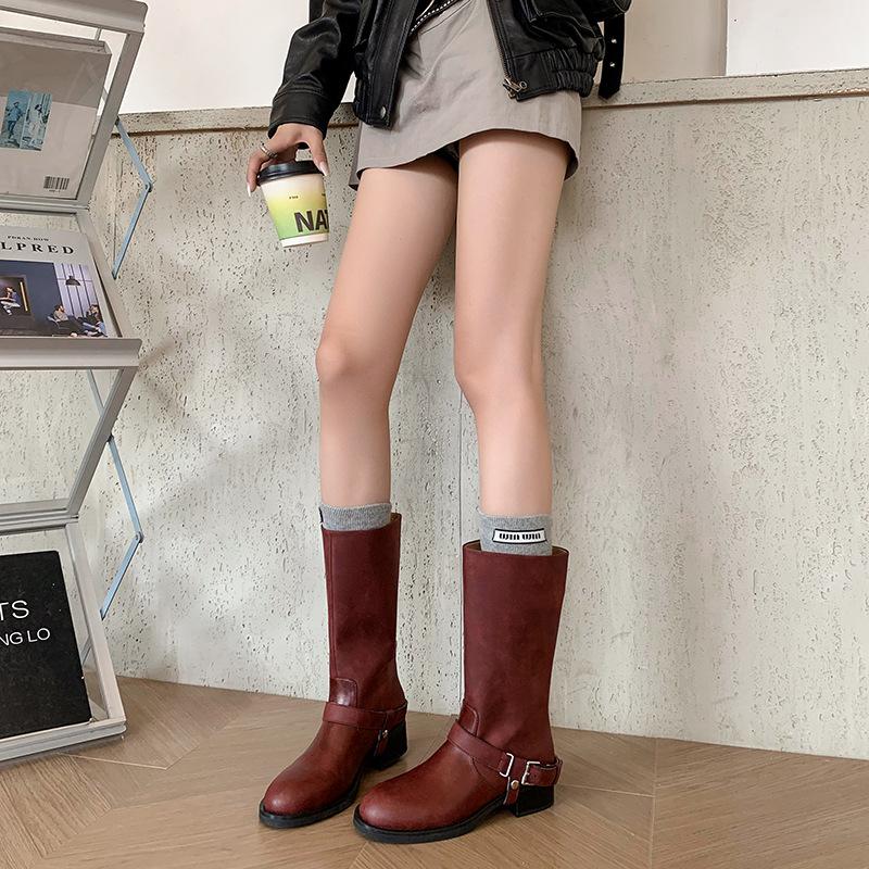 Light Luxury Niche Autumn And Winter Women'S Shoes Women'S Boots Flat Heel Round Head One Pedal Ankara Red