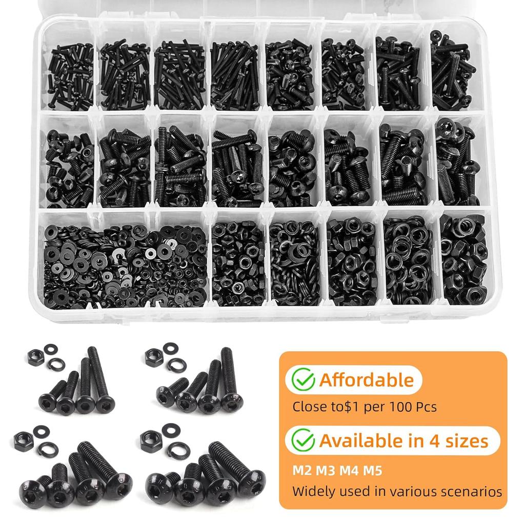 1705PCS Hex Button Head Machine Screw Assortment Kit, M2 M3 M4 M5 Metric Bolts and Nuts Kit with Lock & Flat Washers and Allen Wrench, Grade 10.9