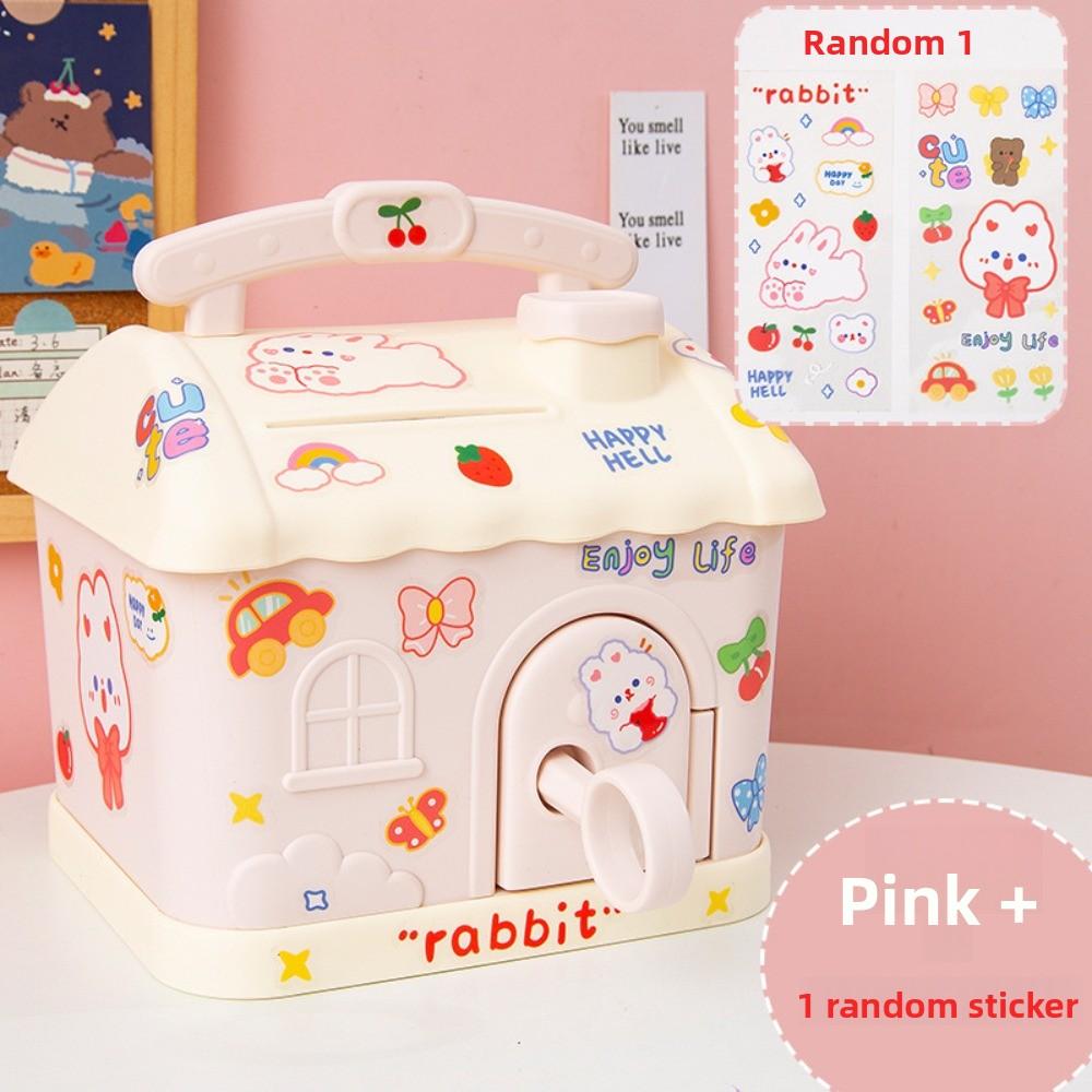With Lock and Keys House Shape Piggy Bank Cartoon Stickers Large Capacity Cartoon Saving Box House Shape Save Money Box