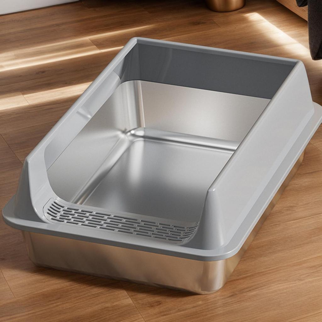 Stainless Steel Cats Litter Box With Litter Spade Lid High Side Suitable For Large Cats Semi-Closed Litter Tray With Spoon