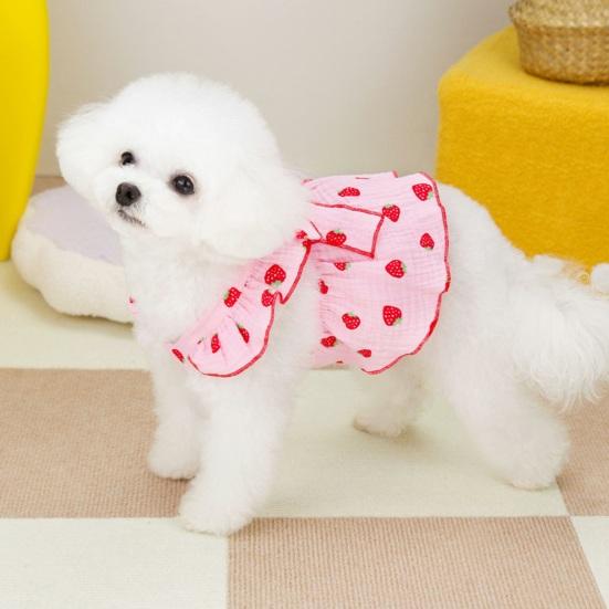 Sommerkleid für Hunde, süßes Erdbeermuster, Schleifendekor, Prinzessinnen-Kleidung, Haustierrock mit Traktionsring, atmungsaktive Welpenkleidung für kleine Hunde und Katzen