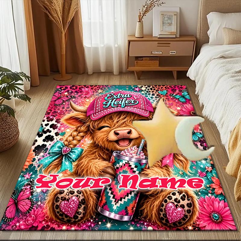 1PC Custom Name Colorful Cow Celebration Theme Floor Mat Ideal for Living Room, Game Rooms, Office, Bedroom,Floor Mat Playful Design145