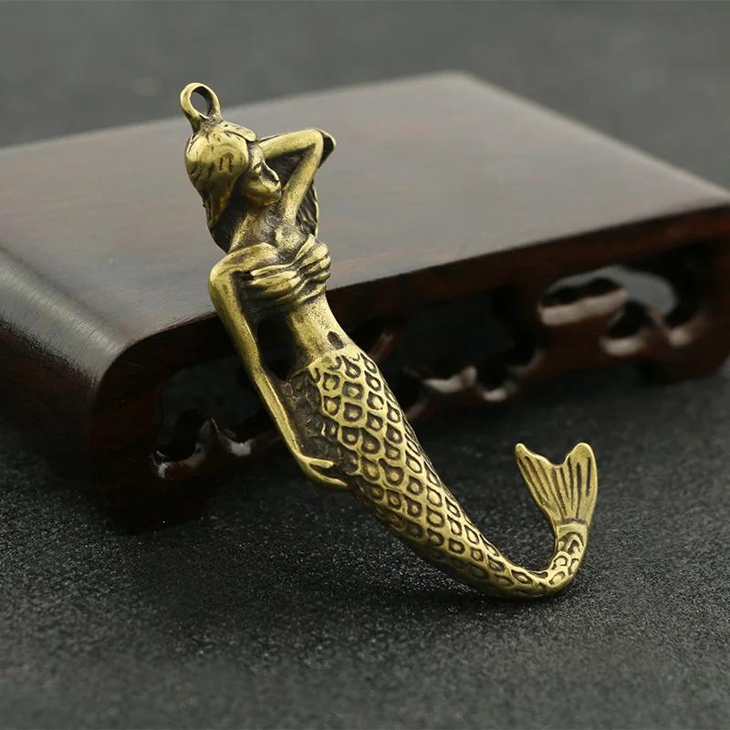 Statue Mermaid Antique Miniatures Copper Bronze Fairy Figurines Home Office Living Room Decor Crafts Lucky Car Key Ring Pendant