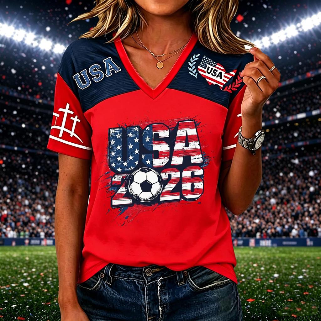 Women’s Casual Short Sleeve V Neck Pullover Top with USA 2026 Soccer Graphic Print Comfortable Loose Fit T Shirt for Daily Wear