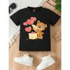 European Size Girls Round-neck Short-sleeved T-shirt with Teddy Bear and Heart Balloon Pattern Print