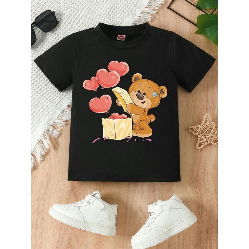 European Size Girls Round-neck Short-sleeved T-shirt with Teddy Bear and Heart Balloon Pattern Print