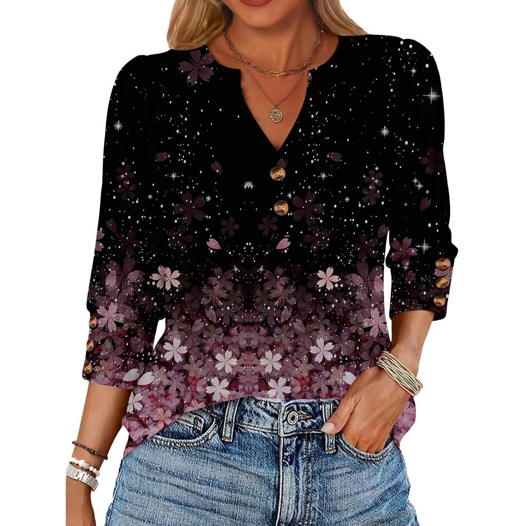 Women's Retro Printed Loose 7-inch Sleeve Top